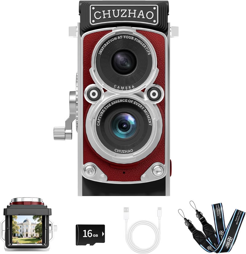 JOYTRIP CHUZHAO Vintage Mini Digital Camera, Portable TLR Style Retro Point and Shoot Compact Small Pocket 1080P FHD Video 12MP Autofocus Vlogging Camera with 16 GB Card for Beginners Teens Adults Red - Image 1